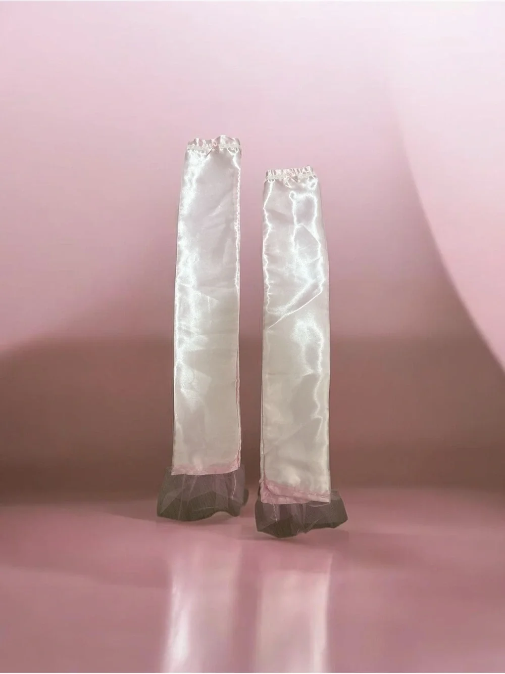 Sheer White Satin Opera Gloves with Pink Trim handmade